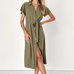 Lulu's Olive Green Button-Front Midi Shirt Dress with Tie Waist/Neverworn